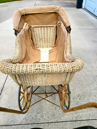 Vintage wicker baby carriage - wicker,